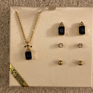 NWT-Navy blue pendant necklace,two navy blue earrings, and four other earrings.